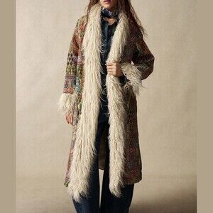 Tapestry Print Faux Fur Trim Color Open Front Midi Duster Coat